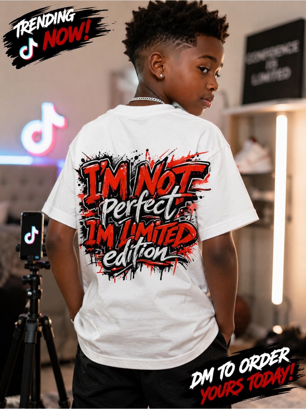 Gildan White Kids' Tee with Red and Black Graffiti Graphic